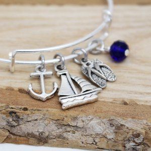 Anchor, Sailboat & Flip Flops Adjustable Charm Bangle - Handcrafted